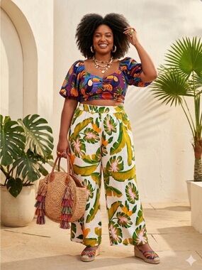 Tropical Print Wide Leg Pants